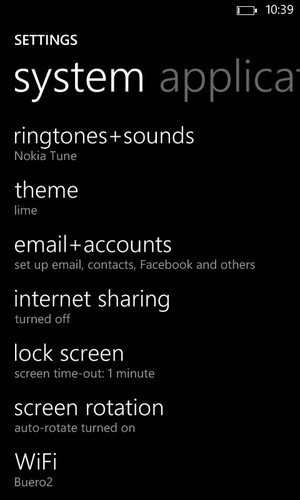 Open settings and select "email+accounts" to set up Posteo on your Windows Phone 8.